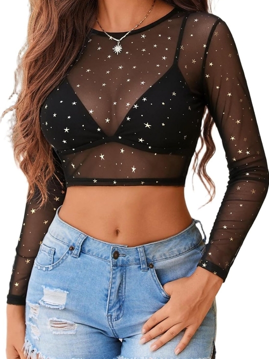 Tops - Sheer Star Mesh Long Sleeve Crop Top - Black XS-4X
